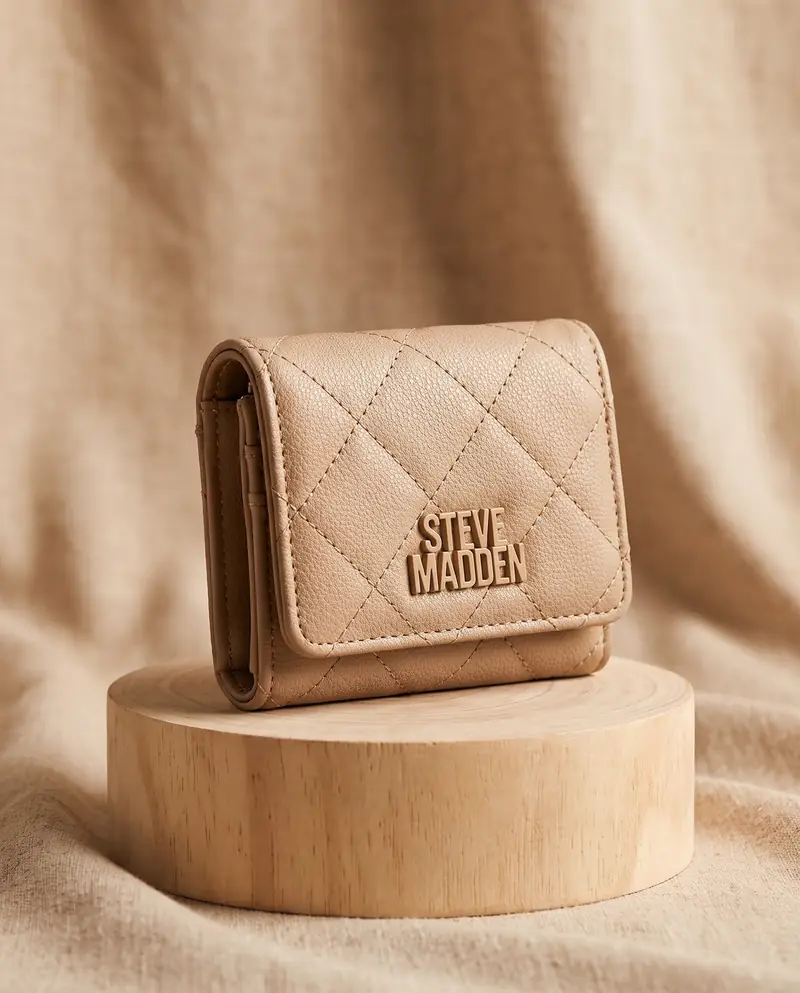 Quilted leather wallet on a round wooden base